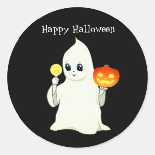 Süßer Halloween-Geist und Kürbis auf Schwarz Runder Aufkleber