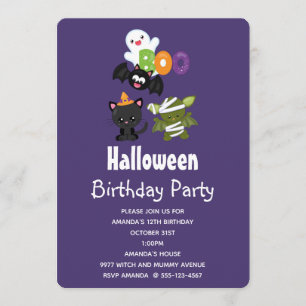 Süßer Halloween-Kater, Fledermaus, Mumie und Geist Einladung