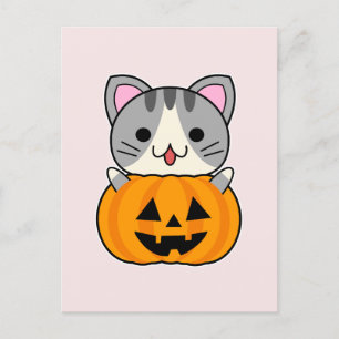 Süßer Halloween-Kater in Kürbislaterne Postkarte