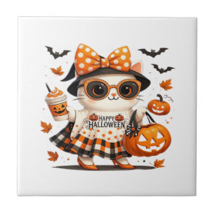 Süßer Halloween-Kater � Kawaii Hexen-Kätzchen mit Fliese