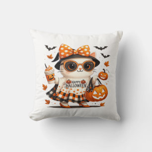 Süßer Halloween-Kater � Kawaii Hexen-Kätzchen mit Kissen