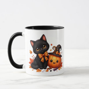 Süßer Halloween-Kater mit Kürbis Tasse