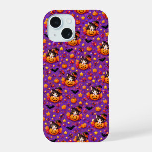 Süßer Halloween-Katz-Kürbis-Lila-Telefonhülle iPhone 15 Hülle