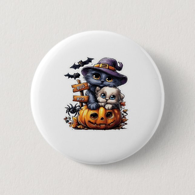 Süßer Halloween-Katzen-Aufkleber � Hexenhut, Kürbi Button (Vorderseite)