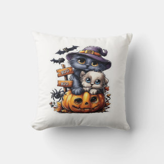 Süßer Halloween-Katzen-Aufkleber � Hexenhut, Kürbi Kissen