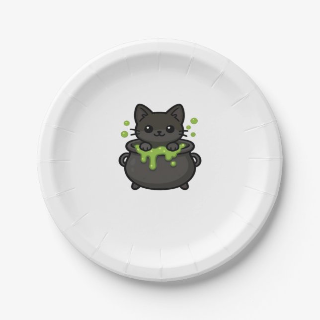 Süßer Halloween-Katzen-Aufkleber � Hexenhut, Kürbi Pappteller (Vorderseite)