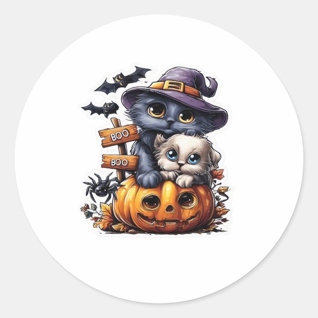Süßer Halloween-Katzen-Aufkleber � Hexenhut, Kürbi Runder Aufkleber (Vorderseite)