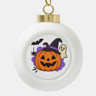 Süßer Halloween-Kürbis mit Hexenhut – Geist & Fled Keramik Kugel-Ornament