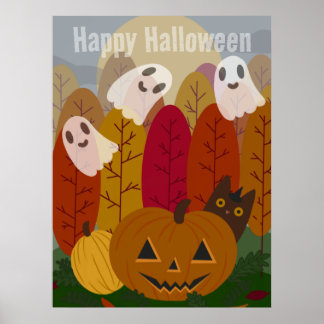Süßer Halloween-Schwarzer-Kater und Geister Herbst Poster