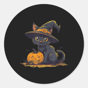 Süßer Halloween-Schwarzer-Katzen-Hexenhut-Kürbis Runder Aufkleber