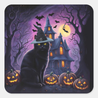 Süßer Halloween-Schwarzkater im Hexenhut vor einem Quadratischer Aufkleber