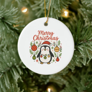 Süßer handgezeichneter Weihnachtsmann-Hut-Pinguin- Keramik Ornament