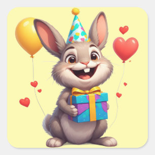 🐰 Süßer Hase mit Geburtstagsgeschenk Quadratischer Aufkleber