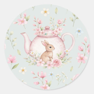 Süßer Hase Teekanne Rosa Blüten Frühling Runder Aufkleber