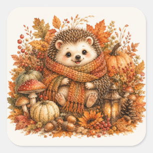 Süßer Herbst-Igel Wasserfarbe Kürbis Wald Quadratischer Aufkleber