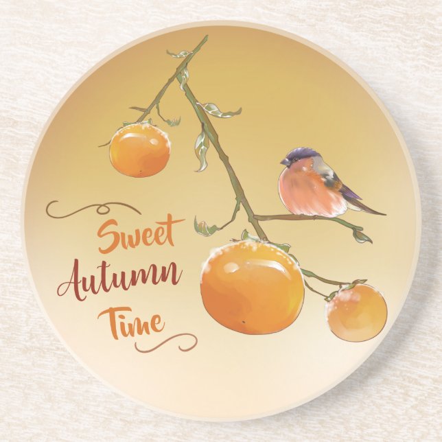 Süßer Herbst Orange Persimmon Frucht & Bird Getränkeuntersetzer (Vorne)