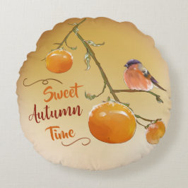 Süßer Herbst Orange Persimmon Früchte & Vögel Rund Rundes Kissen