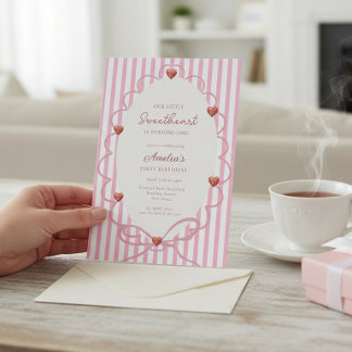 Süßer Herzchen-Pink-Streifen Erster Geburtstag QR- Einladung