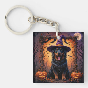 Süßer Hund Hexenhut Kürbis Halloween Szene Schlüsselanhänger
