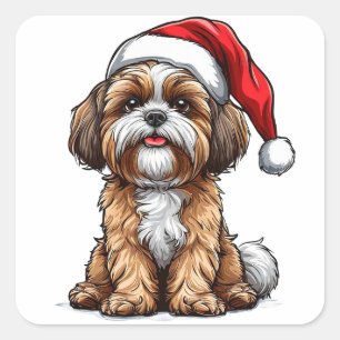 Süßer Hund in Santa-Mütze feiert Weihnachten Quadratischer Aufkleber