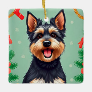 Süßer Hund in Weihnachtsdekoration Szene Festive F Keramikornament