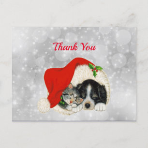 Süßer Hund Katze Santa Hut Weihnachten Danke Postkarte