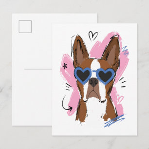 Süßer Hund mit blauer Herz-Sonnenbrille auf rosa H Postkarte