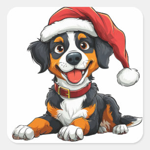 Süßer Hund mit Weihnachtsmannmütze feiert Weihnach Quadratischer Aufkleber