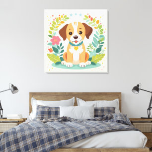 Süßer Hund und bunte Blumen Kinder Leinwanddruck