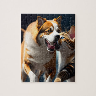 Süßer Hund und Katze spielen