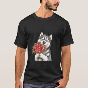 Süßer Husky-Hund hält rote Rosen Wasserfarben Kuns T-Shirt
