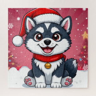 Süßer Husky-Hund mit Weihnachtsmannmütze im Schnee
