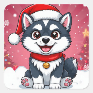 Süßer Husky-Hund mit Weihnachtsmannmütze im Schnee Quadratischer Aufkleber