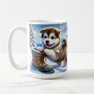Süßer Husky-Welpe spielt in winterlicher Schneelan Kaffeetasse