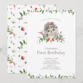 Süßer Igel Aquarellblüten Erster Geburtstag Einladung