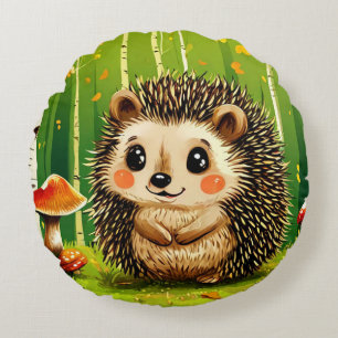 Süßer Igel mit grünem Waldhintergrund Rundes Kissen