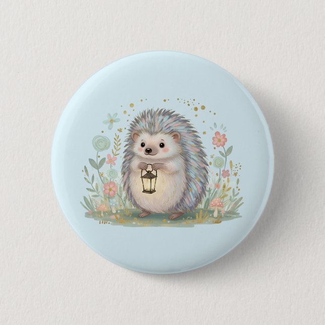 Süßer Igel mit Laterne Button (Vorderseite)