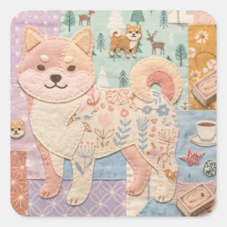 Süßer japanischer Shiba Inu Patchwork Blumenmuster Quadratischer Aufkleber