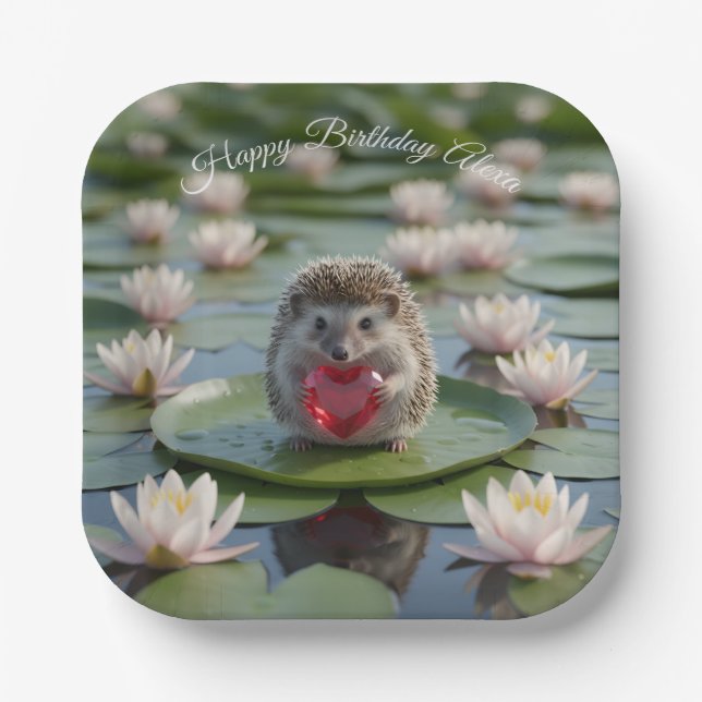 Süßer Juli-Igel mit Rubin-Herz Pappteller (Vorderseite)