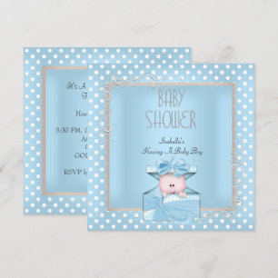 Süßer Junge Baby Shower Blau Weiße Punkte Einladung