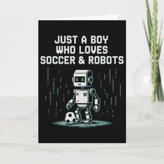 Süßer Junge, der Fußballroboter liebt, wird Spiel  Karte (Vorderseite)