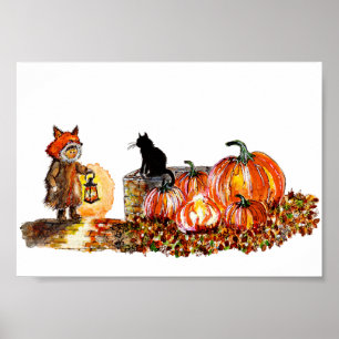 Süßer Junge Fuchs Kostüm Halloween Aquarell Poster