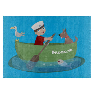 Süßer Junge Matrose und Hund rudern Boot Cartoon Schneidebrett