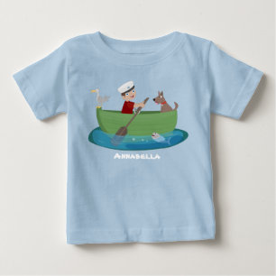 Süßer Junge Matrose und Hund rudern Boot Karikatur Baby T-shirt