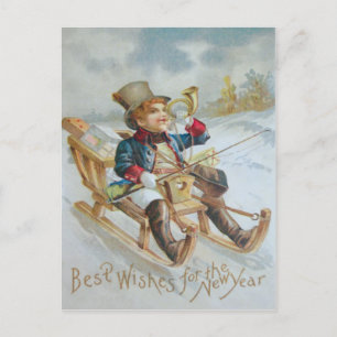 Süßer Junge Schlitten Schnee Horn Geschenke Postkarte