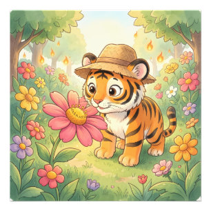 Süßer junger Tiger mit Hut im Garten Fotodruck