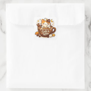 süßer Kaffee-Katzen-Aufkleber Quadratischer Aufkleber