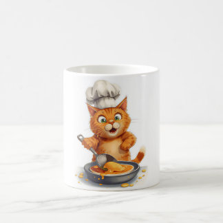 Süßer Katzenkoch, der Pfannkuchen macht Kaffeetasse