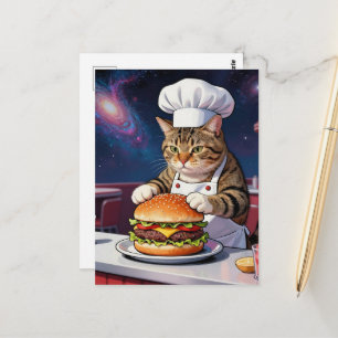 Süßer Katzenkoch macht Cheeseburger im Space Diner Postkarte