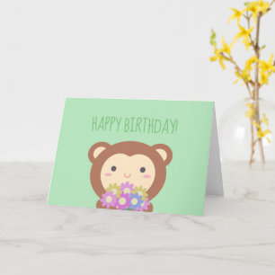 Süßer Kawaii-Affe und Blumen Alles Gute zum Geburt Karte